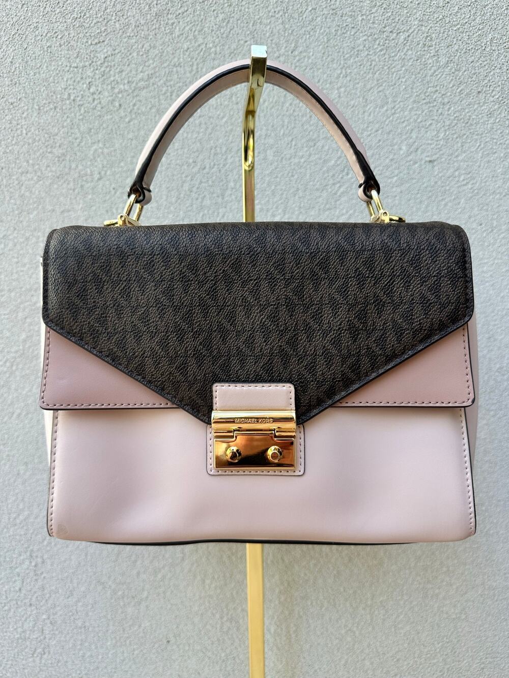 Michael Kors Sloan Medium Top Handle Satchel Brown Blush Signature Gold